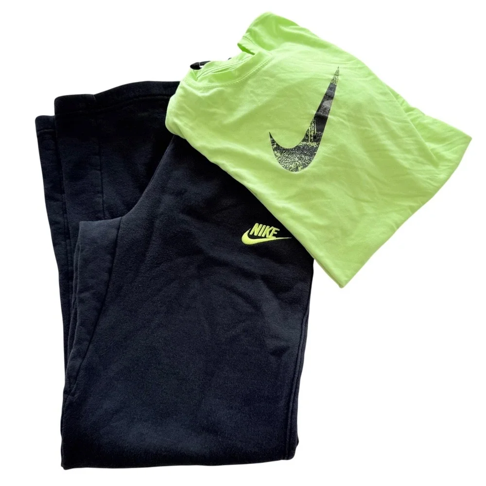 Nike Activewear Lot of 2 Kids Large L Green Black Dri-FIT Shirt Fleece Pants 2pc